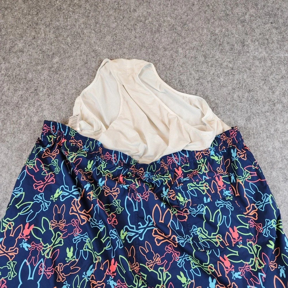 NEW Psycho Bunny Swim Trunks Men 3XL Blue Neon Bunny Print Mesh Lined Shorts
